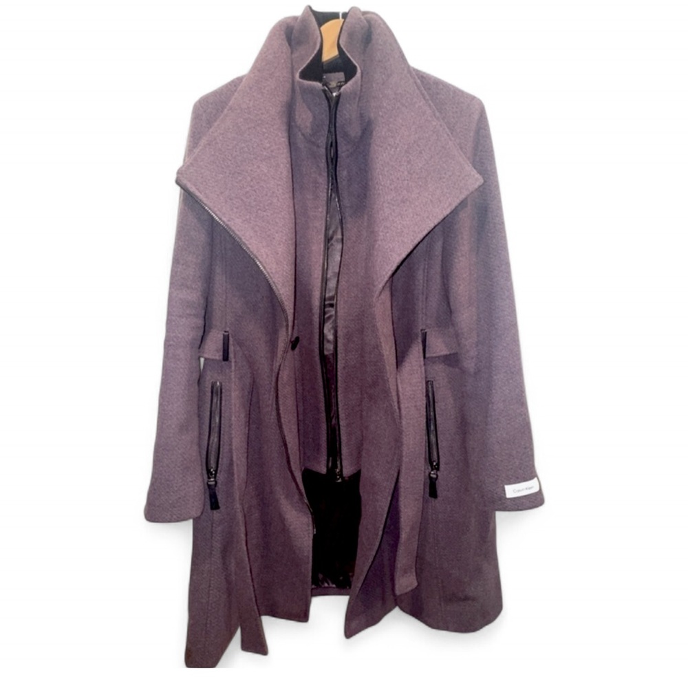 Calvin Klein Collection Plum Wool Wrap Coat Dramatic Collar Belted XL Mauve Belt